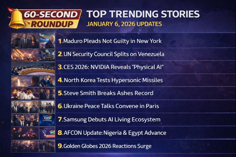 60-second global news roundup graphic highlighting Maduro trial, CES 2026 AI breakthroughs, hypersonic missile tests, and major sports milestones on January 6, 2026.