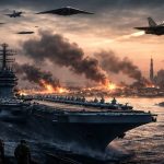 Tense Middle East military standoff illustrating the US Iran Israel conflict with warships, aircraft, and regional flashpoints under a dark sky.