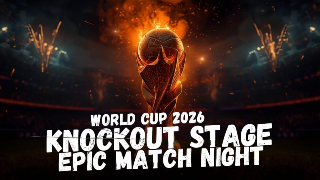 World Cup 2026 Knockout Stage – Epic Match Night with dramatic flames and stadium atmosphere