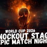 World Cup 2026 Knockout Stage – Epic Match Night with dramatic flames and stadium atmosphere