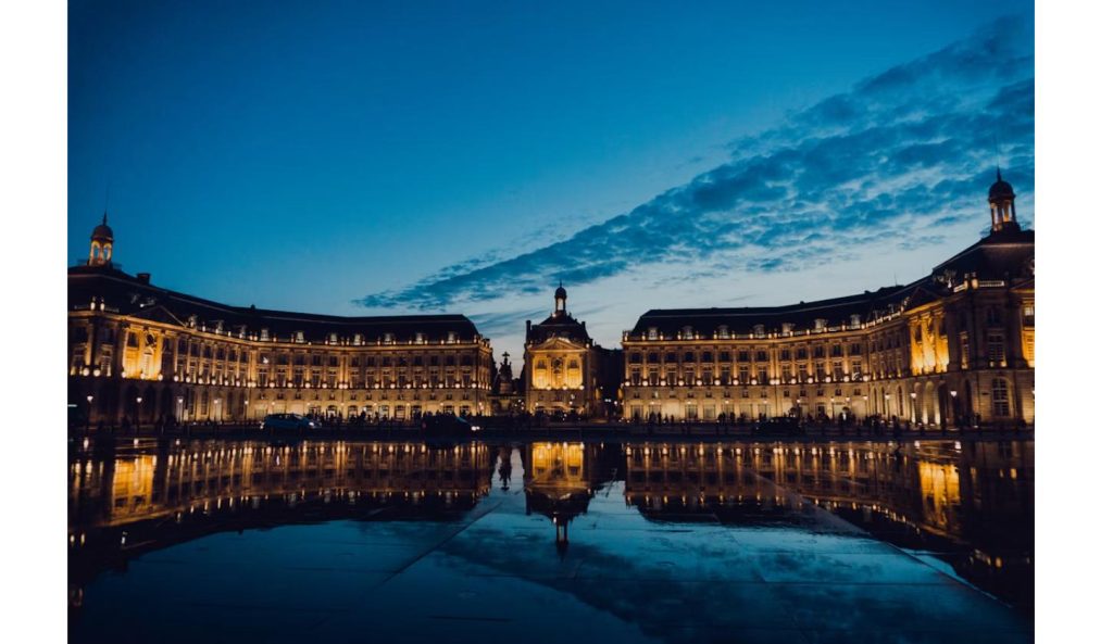 Place de la Bourse in Bordeaux at night, the French city threatened by the advancing Gironde wildfire