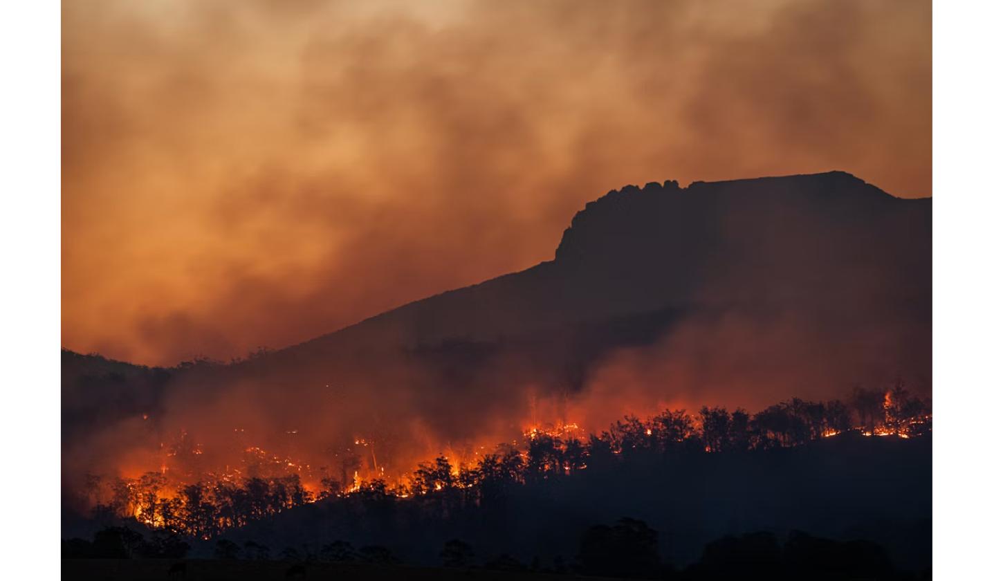 Wildfire burning across a hillside at dusk in southern Europe, with thick smoke rising near Madrid and Bordeaux