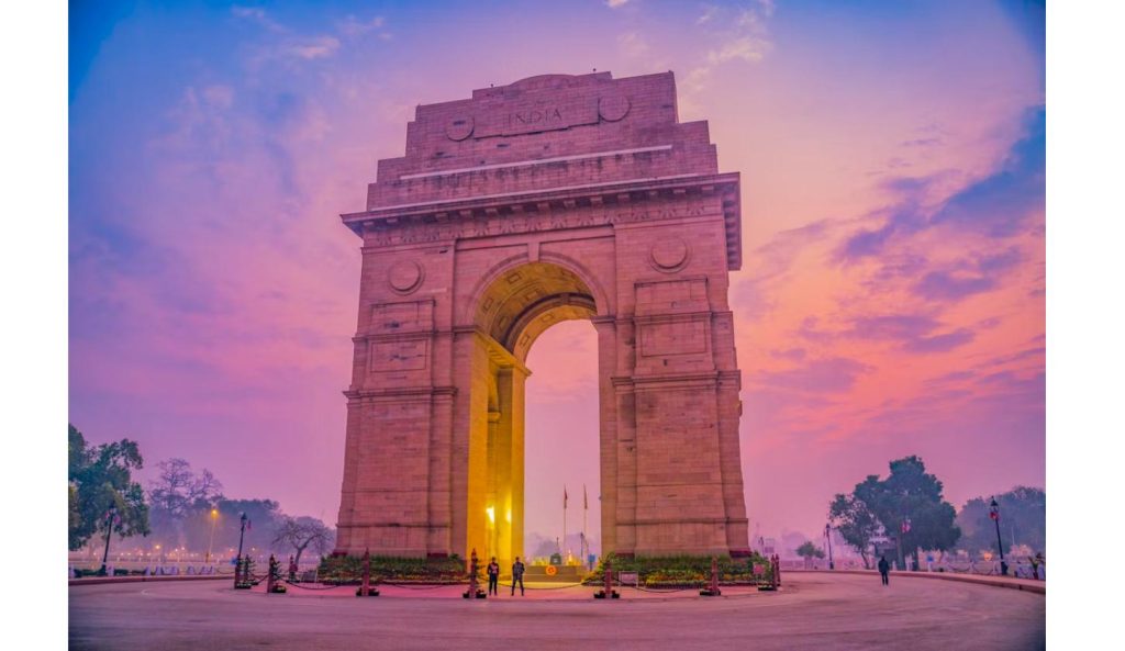 India Gate monument in New Delhi at dusk, near the site of the Cockroach Janta Party protests