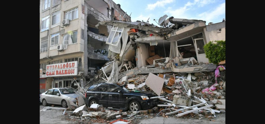 Collapsed building rubble after the Japan earthquake mall collapse in Kumamoto
