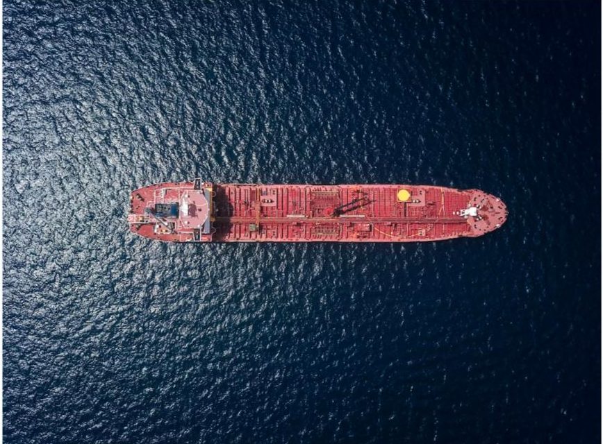 Iran-Oman Strait of Hormuz deal - aerial view of an oil tanker in the strait
