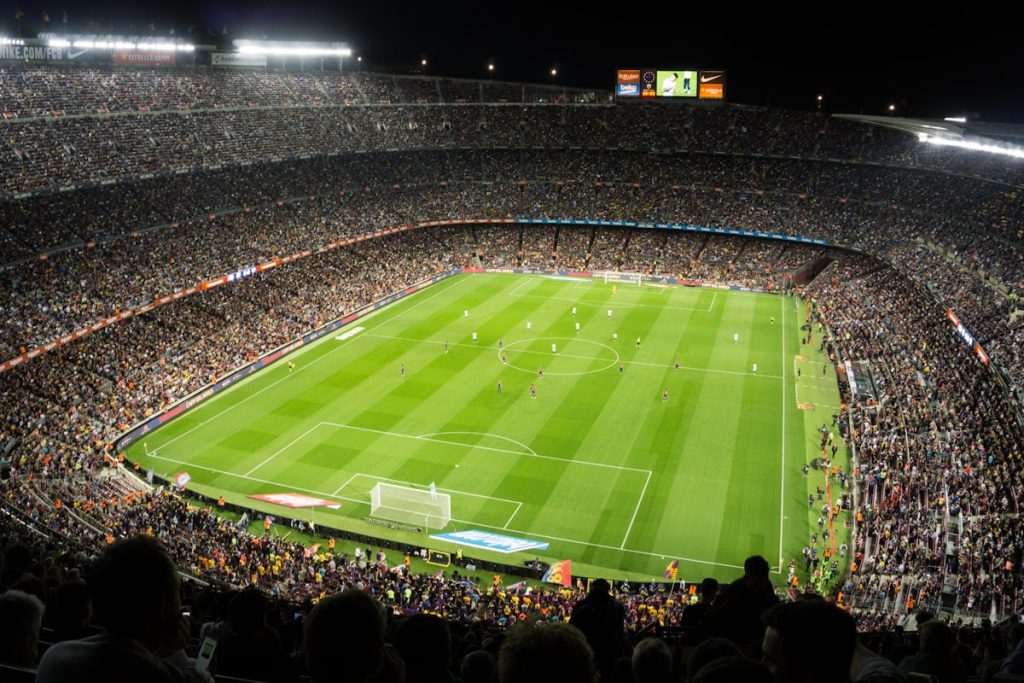 Aerial view of packed soccer stadium crowd during World Cup final