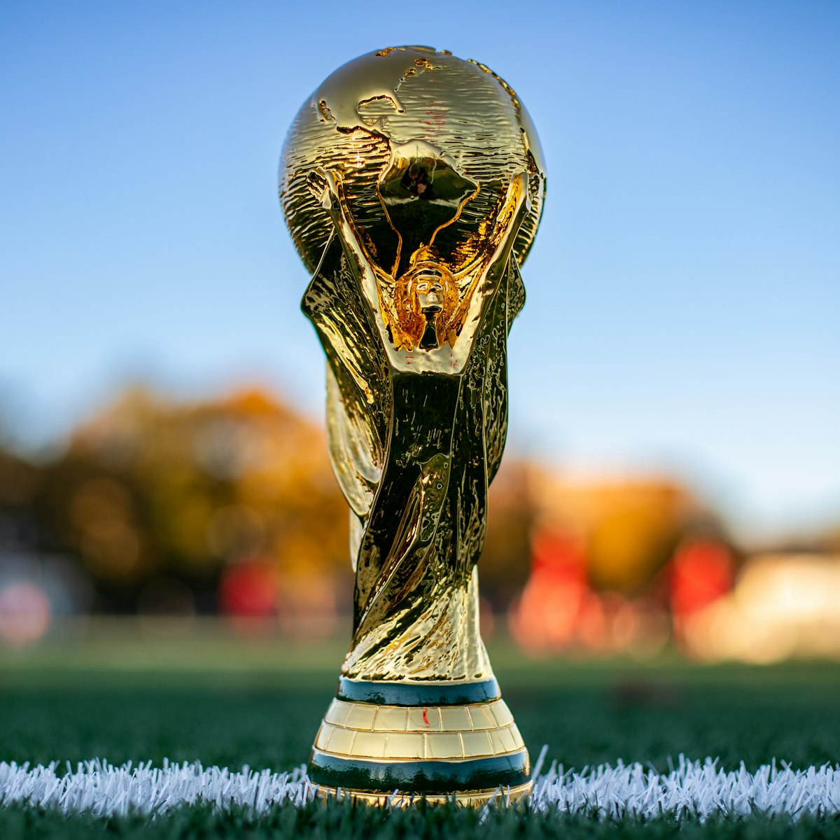 Close-up of the World Cup gold trophy ahead of the Argentina vs Spain final