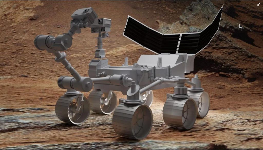Perseverance Mars rover 3D rendering driving across the red planet's rocky surface