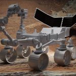Perseverance Mars rover 3D rendering driving across the red planet's rocky surface