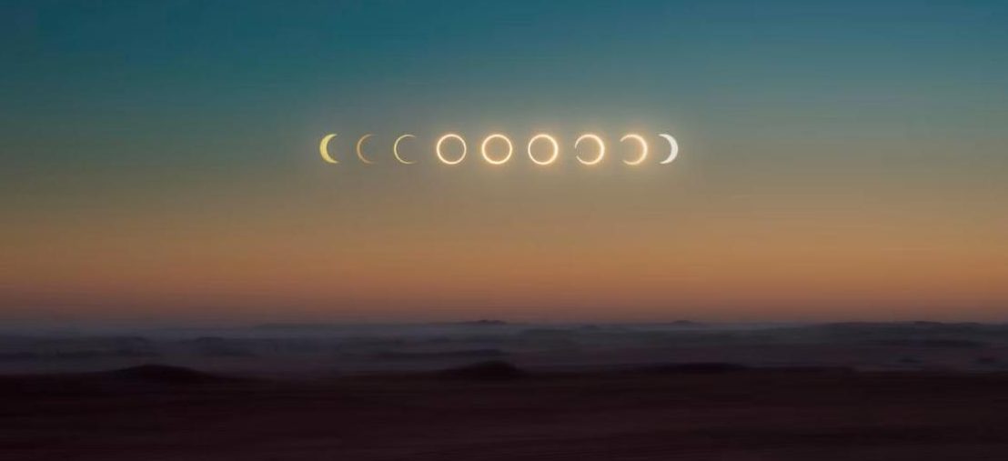 Total solar eclipse 2026 phases sequence over the horizon at dusk